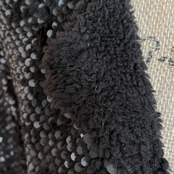 Vero Moda Sz Large Starlight Short Jacket Sequin Black Pockets Glam Bling Sherpa - Picture 7 of 16